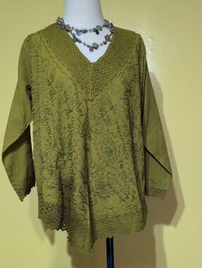 Too small   Very nice. Olive Green Embroidered V-Neck Tunic Top